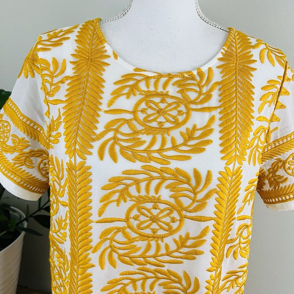 All:Row 60's Inspired Yellow & White Embroidered Retro Mini Dress Size 12 - Picture 2 of 9